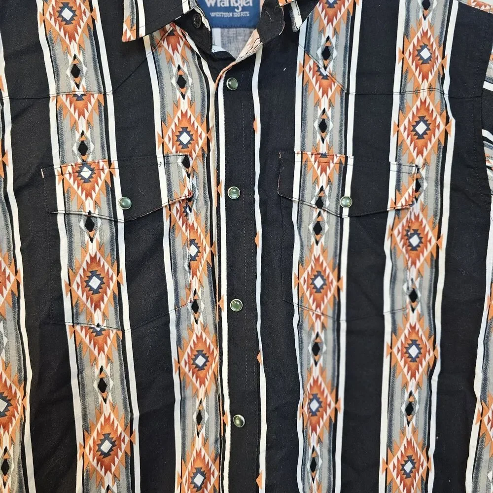 Vintage Wrangler Shirt Boys XXL Black/Orange Aztec Pearl Snap Southwestern Youth
